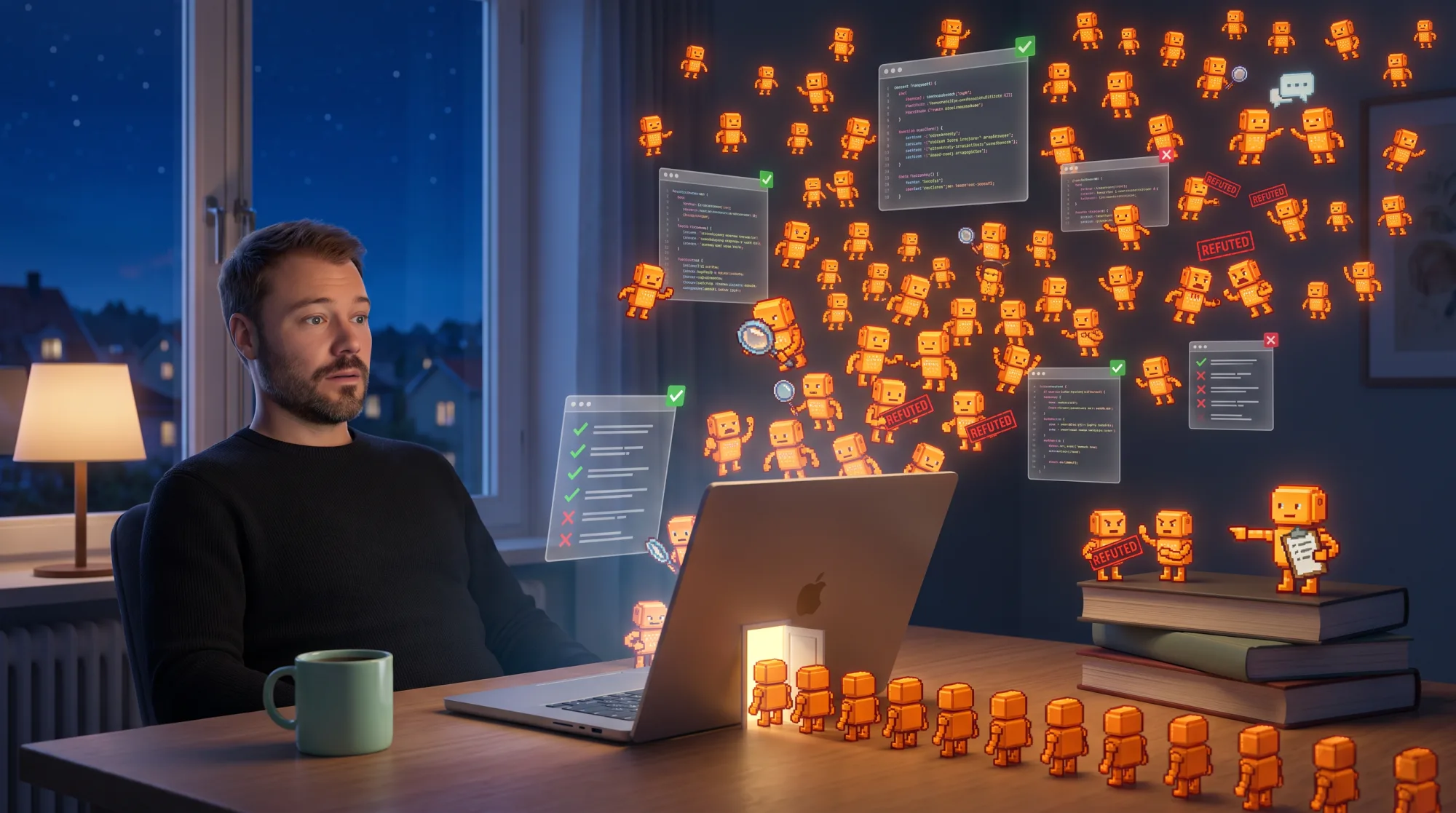 Illustration of a man with a short beard at a desk at night, watching a swarm of small glowing orange pixel-art robots pour out of his laptop. Some inspect floating code panels with magnifying glasses, some hold red stamps reading REFUTED, one stands on a stack of books pointing at a clipboard, and a long queue of robots waits at a tiny lit doorway on the desk.
