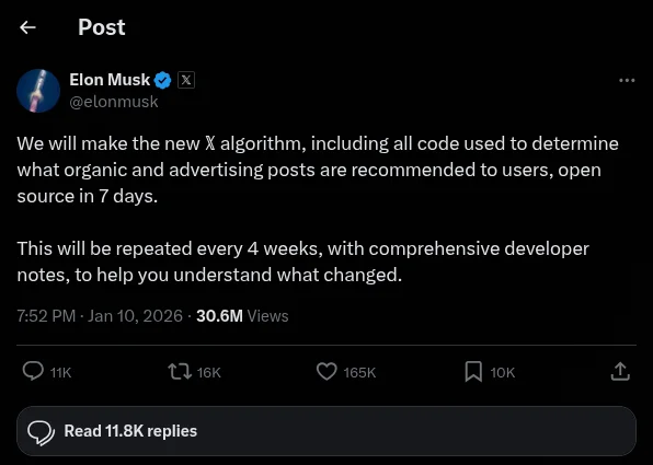 Elon Musk's tweet announcing X will open source its algorithm in 7 days, with updates every 4 weeks
