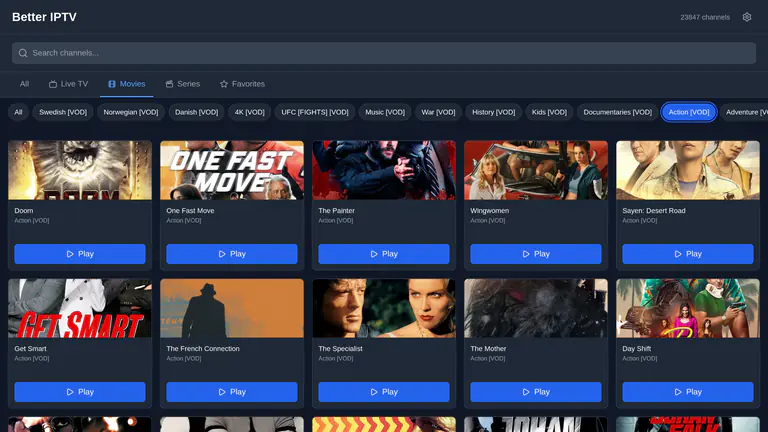 Better-IPTV 2.9.0 Movies view: a blue and grey layout with tabs and category chips at the top, and a grid of cards where each poster is cropped to a wide strip above a title and a blue Play button.