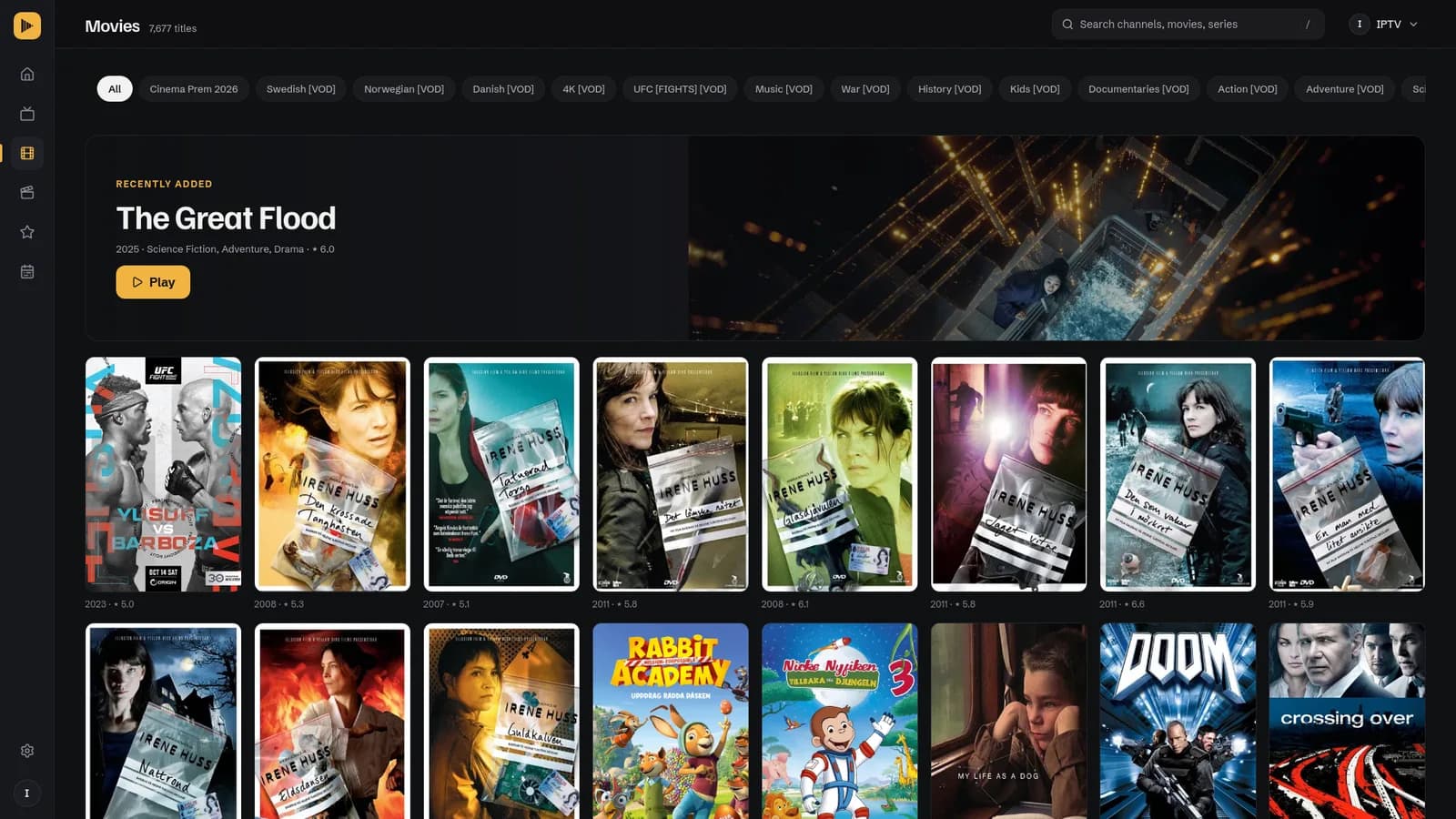Better-IPTV 3.0.0 Movies view: a dark layout with a sidebar of icons, the same category chips, a large Recently added banner with an amber Play button, and rows of uncropped 2:3 movie posters.